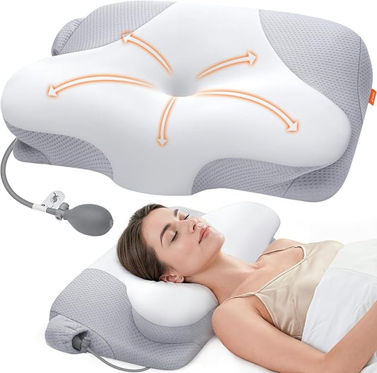 Inflatable Cervical Neck Pillow for Sleeping with Adjustable Support, Ergonomic Memory Foam Cloud Pillow, Neck Support Pillow for Back, Side & Stomach Sleepers, Posture Pillow with Ice Silk Pillowcase