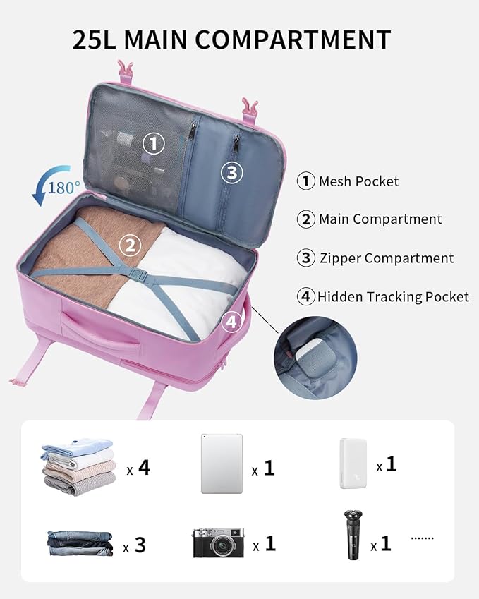 ECOHUB 17" Small Travel Backpack, United Airlines Personal Item Bag 17x10x9 with 16 Pockets, Water Resistant Rucksacks Fit 15.6" Laptop, AirTag Pocket, Lightweight Casual Daypack, 25L, Pink
