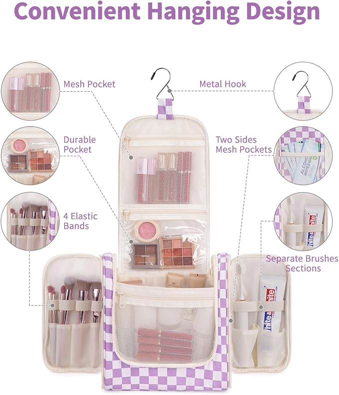 Narwey Checkered Hanging Travel Toiletry Bag for Women, Travel Bag for Toiletries, Makeup Bag Organizer Cosmetic Bags Make Up Bags for Women (Purple Checkerboard)