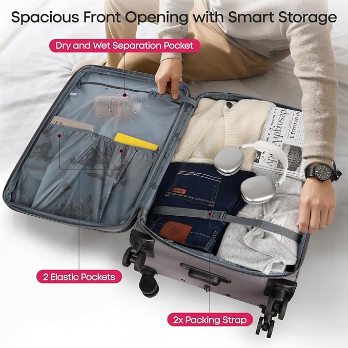 2PCS Set（22in/32in）Softside Luggage Sets w/ Spinner Wheels,Expandable 20% Luggage w/TSA LOCK,Upright Spinner Softshell,Lightweight Durable Rolling Travel Luggage Set for Men/Women（Grey,22in/32in）