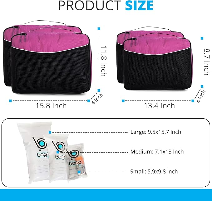 bago 7 Pcs Packing Cubes for Suitcases - 4 Travel Cubes with 3 ZipLock Bags - Luggage Organizer Bags to Get Maximum Storage, Save Time & Effort to Pack - Happy Traveling (Pink)