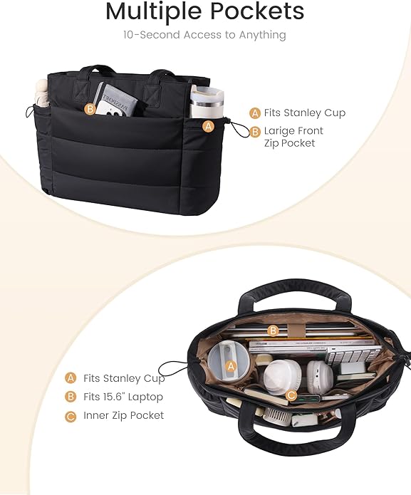 LOVEVOOK Tote Bag for Women with Giant Tumbler Holder Pocket, Puffer Work Travel Laptop Handbag with Zipper for Nurse Teacher