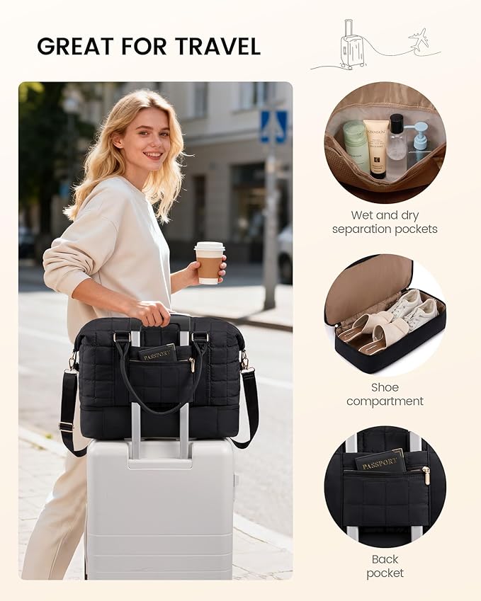 LOVEVOOK Travel Duffel Bag - Versatile Weekender Bag for Women, Puffer Carry On & Overnight Bag for Short Trips, Black