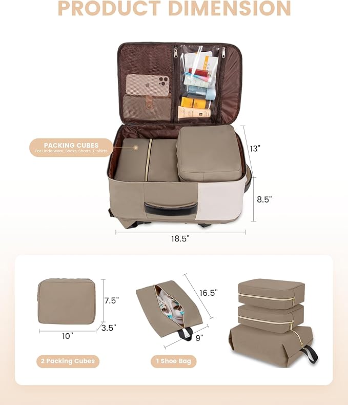 LOVEVOOK Travel Backpack for Women, TSA Carry On Backpack Flight Approved Luggage, 40L Water Resistant Personal Item Daypack Large Weekender Bag fit 17 inch Laptop with 3 Cubes, Beige-khaki-black