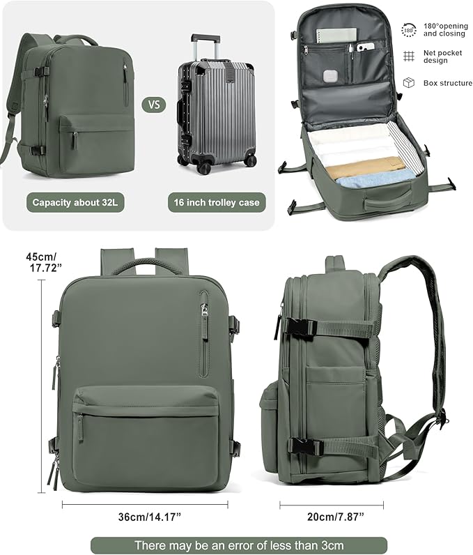 VGCUB Travel Backpack for Women Men for Spirit Airlines Personal Item Bag 18x14x8 Inches Laptop College Backpack,Waterproof Carry on Flight Approved Work Backpack,Large Army green