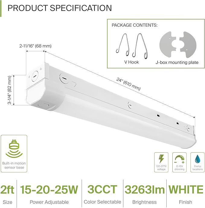 ASD 2ft LED Linear Strip Light Fixture with Q-Base | UL DLC Stairwell Certified Luminaire 15W-25W 120-277V Linkable LED Shop Light | 3000K-5000K Adjustable Commercial Ceiling Fixture