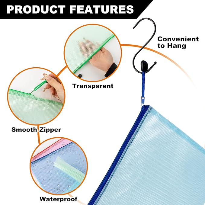Mesh Zipper Pouch Bags - 5 Pack Waterproof Zipper Bags 13.2 x 9.4 Inch Clear Mesh Storage Pouches Assorted Colors for Home, Office, School, Travel, Puzzles, Board Game, Cosmetic, Accessories