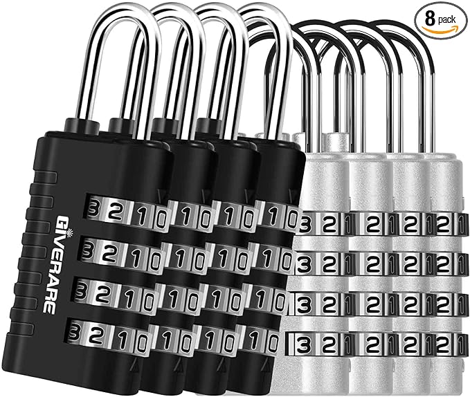 8 Pack Combination Lock, 4-Digit Padlock Keyless, Resettable Metal Luggage Locks, Weatherproof Alloy Travel Lock for Backpack, Gym, School, Locker, Fence, Gate, Hasp, Case, Black Silver-by GIVERARE