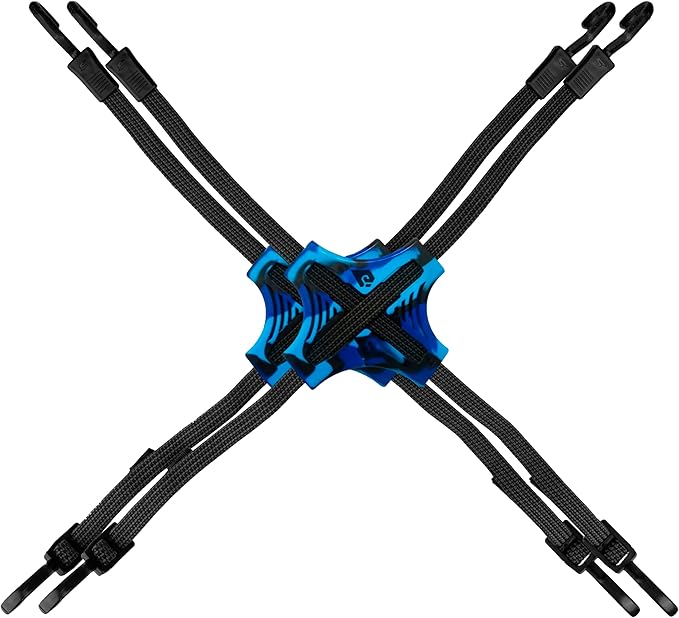 Tack Strap – 4-Way Flat Bungee Cord with Rubber Pad Grip, Non-Slip Tie Down Straps for Motorcycle, ATV, Kayak, Cycling, Camping, Truck Storage, Adjustable Bungee Cords - 2 Pack (Black & Blue)