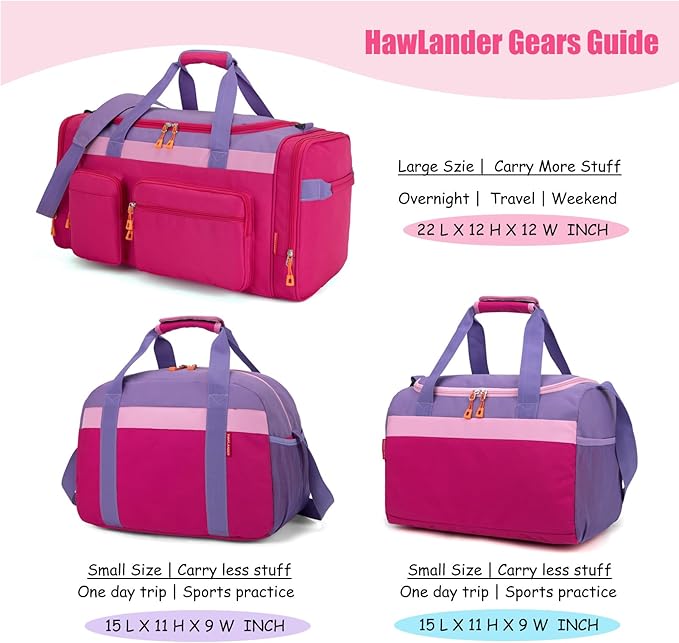 HawLander Kids Duffle Bag for Boys or Girls, Fit Sports Practice, or Overnight Travel Weekend (Purple)