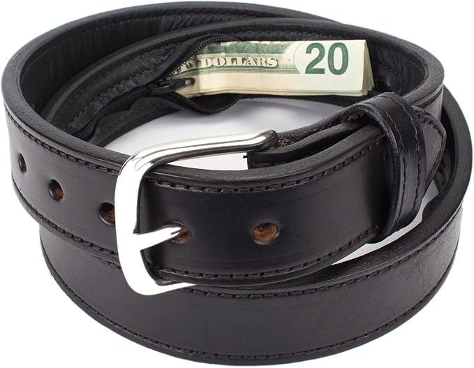 Yoder Leather Company Hidden Money Pocket Travel Belt English Bridle Leather with Zippered Secret Cash Pocket (Black, 32" (Waist 30))