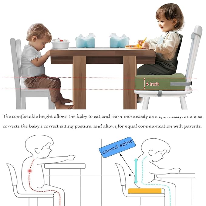 Toddler Booster Seat Dining Table Kitchen Chair, Waterproof Anti-Scratch PU Cushion, Non-Slip Bottom, Adjustable Buckle Straps, Easy Clean Portable Seat Cushion (Green)