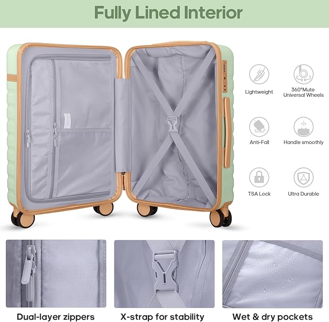 Luggage Sets 3 Piece, Carry On Luggage 20In With Spinner Wheels,PC Hardside Suitcase Set with TSA Lock,Durable Carry On Suitcase With Travel Backpack for Men (Light Green, 3 piece set (BP/20inch))