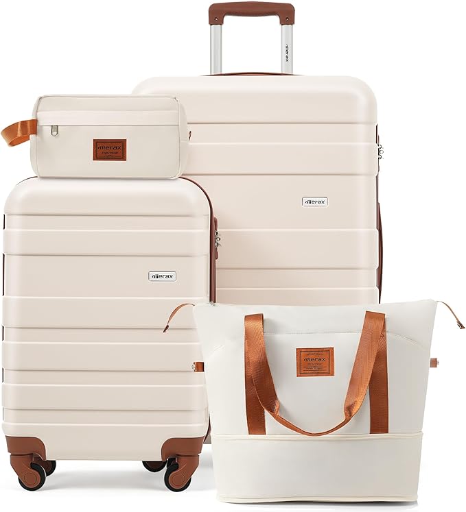 4-Piece Luggage Set, Suitcase with TSA Lock Travel Duffel Bag Wet-Dry Toiletry Bag, Ivory