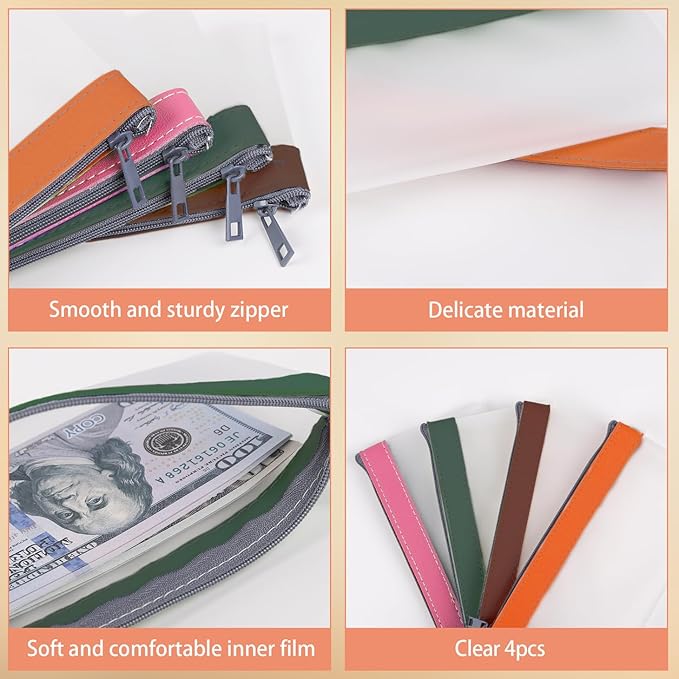 VOCHIC 4-Piece Multi-Purpose Money Pouch Set - Clear Zipper Cash Envelopes, Money Bags 7.6 X 3.7 Inch, Money Bags With Zipper, Bank Deposit Bags With 4 Colors