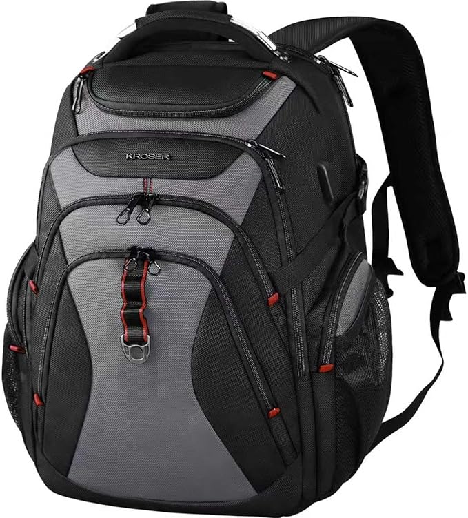 KROSER Travel Laptop Backpack 17.3 Inch XL Computer Backpack with Hard Shell Saferoom RFID Pockets Water-Repellent Business College Daypack Stylish Bag for Men/Women-Black Grey