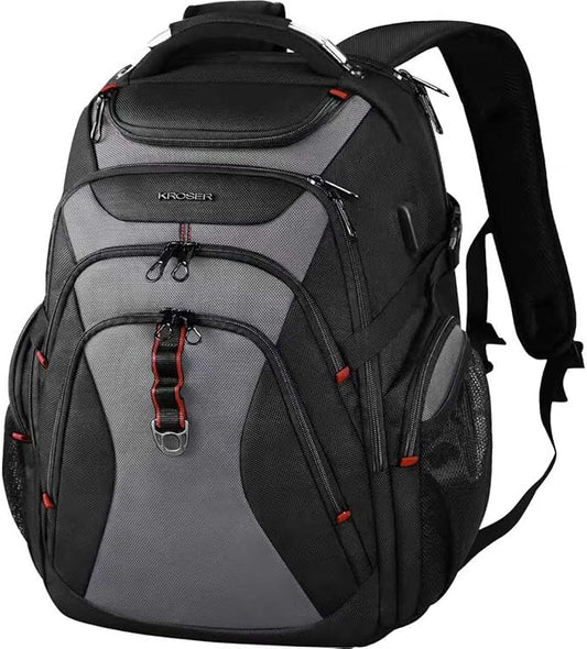 KROSER Travel Laptop Backpack 17.3 Inch XL Computer Backpack with Hard Shell Saferoom RFID Pockets Water-Repellent Business College Daypack Stylish Bag for Men/Women-Black Grey