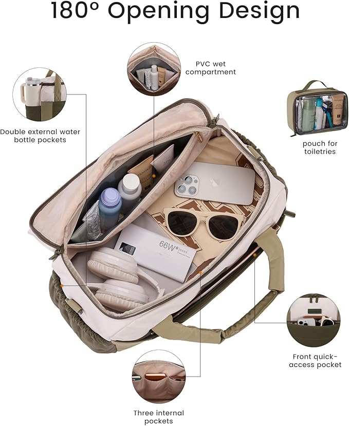 LOVEVOOK Small Gym Bag for Women & Men with Wet Pocket,26L Cute Waterproof Womens Gym Bag Travel Duffel Bags Workout Bag,Convertible Carry on Bag Overnight Bags Personal Item Travel Bag (Been Green,L)