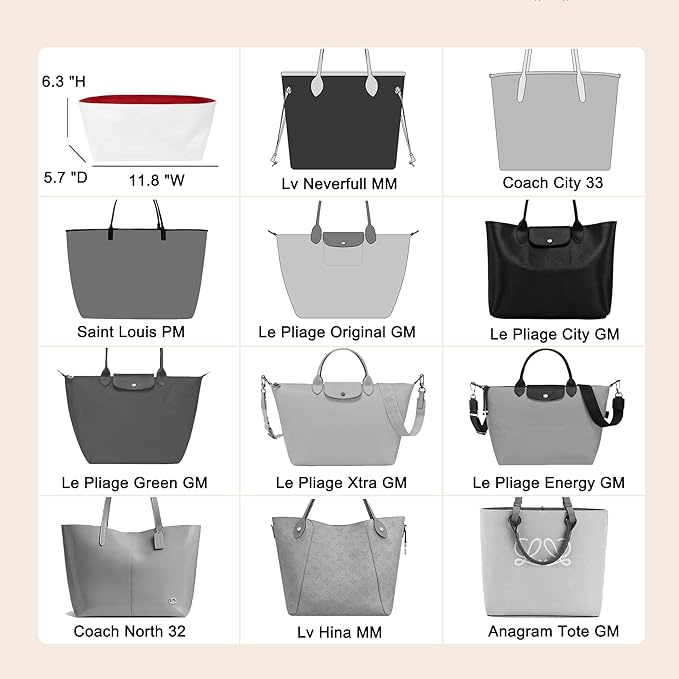 Doxo Purse Organizer Insert,Tote Bag Insert for LV Neverfull MM,Longchamp Le-pliage L and More,Ultra Lightweight Bag Organizer Insert with Zipper(Large,White-red)