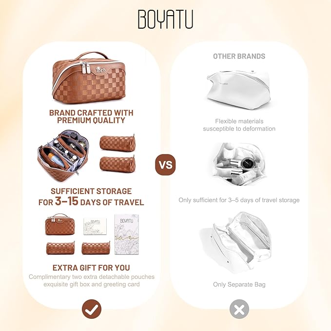 BOYATU Travel Makeup Bag Organizer: 3 Pcs Set Large Capacity Cosmetic Bags Holds 10–20 100ml Full-Size Bottles - 180°Open-Flat Make up Case 3-sec touch-up - Toiletry Bag Gift women (03-A-Brown)