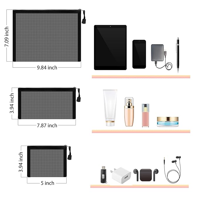 Outus 15 Pieces Mesh Bags Pouch Mesh Zipper Pouch Makeup Bags Cosmetic Travel Organizer Zipper Pencil Case for Organizing Office travel Storage(9.84x7.09, 7.87x3.94, 5x3.94 Inches,Black)