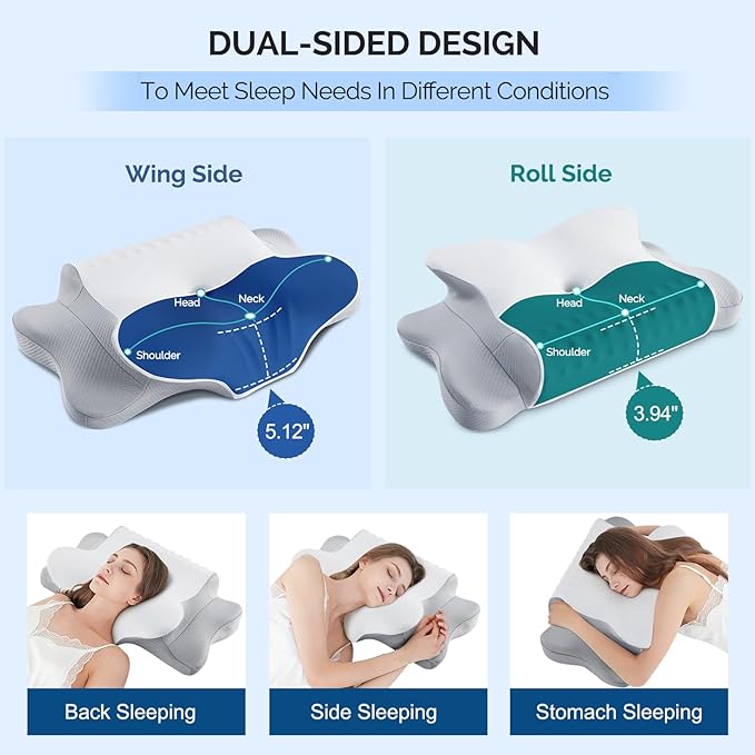 Cervical Pillow for Neck Pain Relief - Cooling Ergonomic Dual-Sided Orthopedic Neck Pillow with Ice Silk Pillowcase Breathable Memory Foam Contour Pillow for Side, Back, Stomach Sleepers