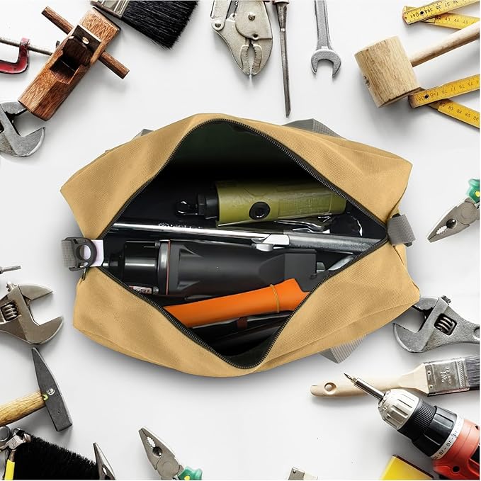 Small Tool Bag, Canvas Tool Storage Bag, Large Capacity Multipurpose Zipper Soft Tote Organizer Pouch for Electrician, Plumbing, Gardening,Tools Bags for Men (Khaki, 14 Inch)