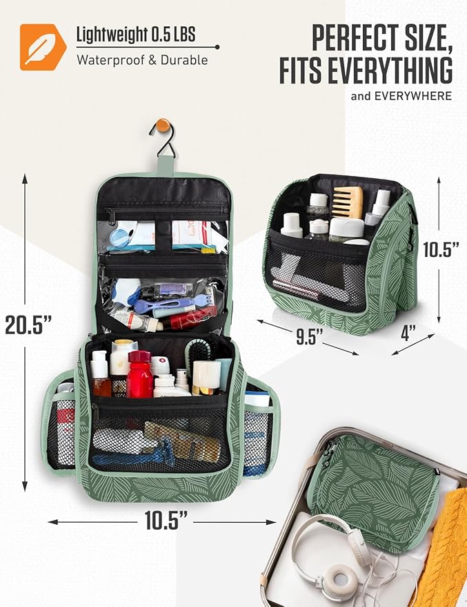 VENTURE 4TH Hanging Travel Toiletry Bag for Women & Men – Large Toiletry Organizer with 17 Compartments, Removable TSA Pouch, Travel Wash Bag for Toiletries, Makeup & Shaving Kit (Green Leaves)