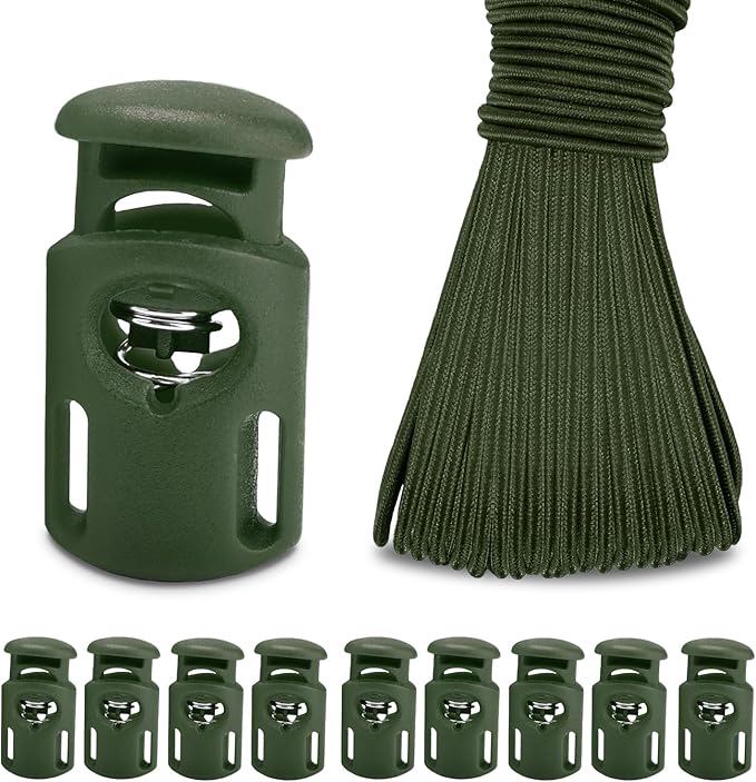 10 Meter 3mm Elastic Bungee Shock Cord Stretch String, 25pcs Plastic Cord Locks Spring Toggle Stopper for Drawstring Backpack Shoelaces(Militarygreen)
