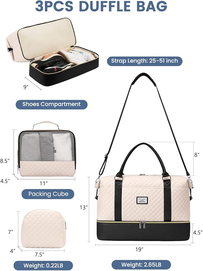 Travel Weekender Duffle Bags for Women: Overnight Bags with Shoe Compartment Large Carry on Weekend Bag with Toiletry Bag & Wet Pocket Tote Duffel Hospital Bag for Women Labor Delivery 3 PCS Set