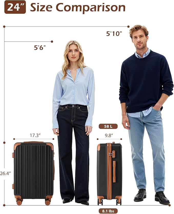 Coolife Luggage, Suitcase with Durable and Lightweight, Checked Luggage with ABS Hardshell, Dual Spinner Wheels, TSA Lock, and YKK Zipper (apricot black, M(24in))
