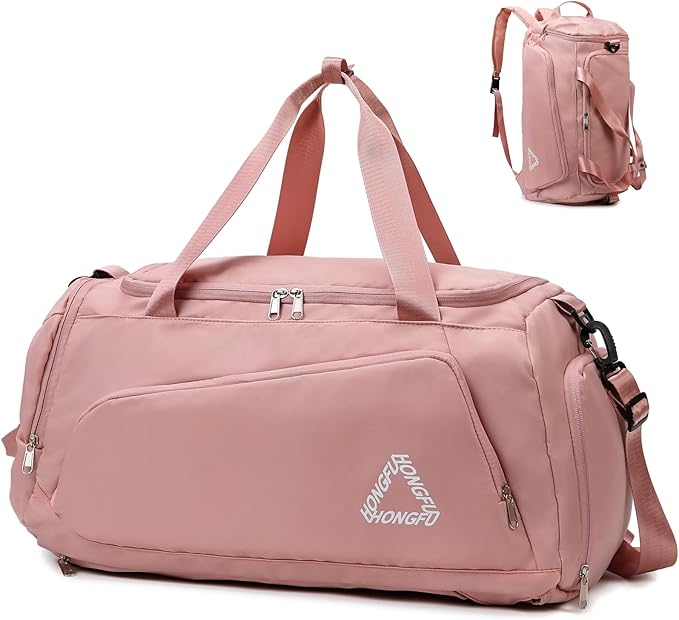 Eslcorri Gym Duffle Bag for Women Men, Sports Backpack with Wet & Shoe Compartment, Fitness Overnight Weekender Bag for Yoga, Swim, Travel (C, Pink)