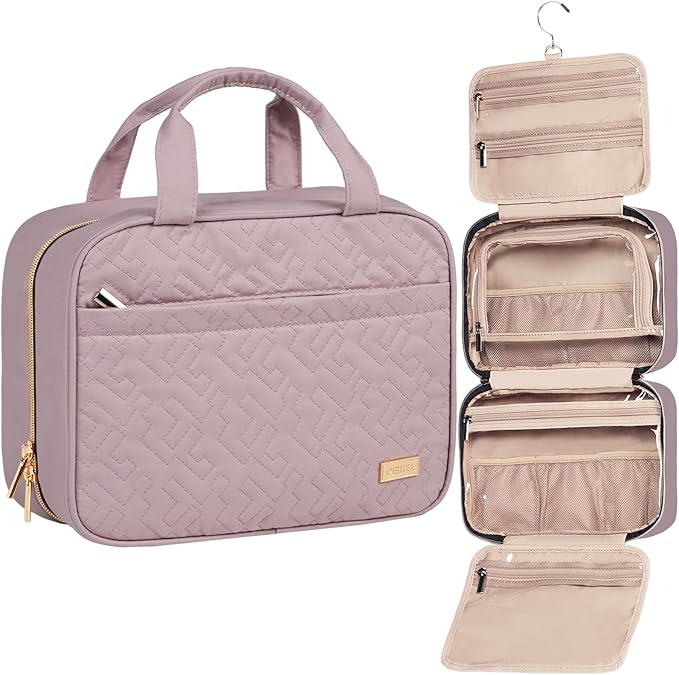NISHEL Travel Toiletry Bag for women, Portable Hanging Organizer for Travel-Sized Shampoo, Conditioner, Brushes Set, Makeup Accessories, Medium Size, Peach Pink