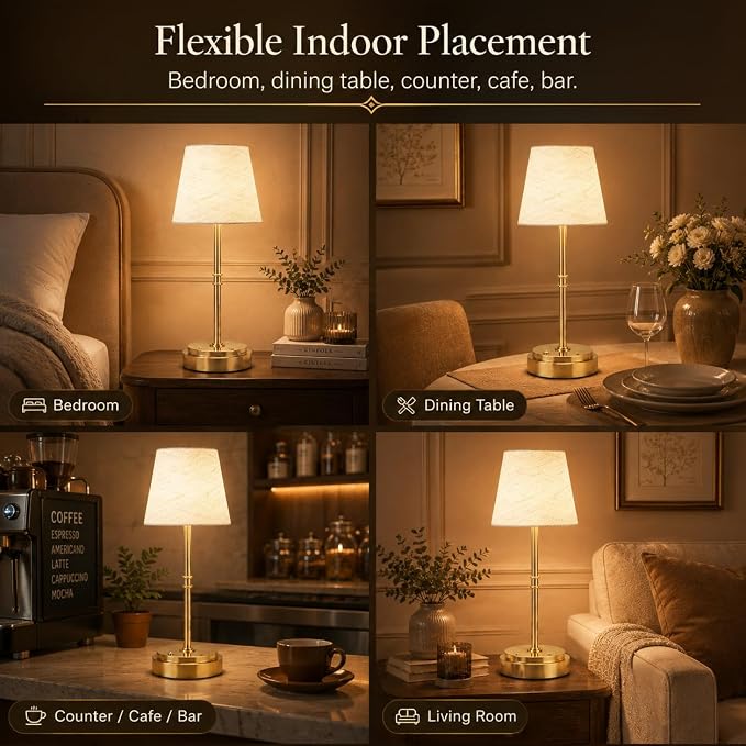 Rechargeable Cordless Table Lamp, Nightstand to End Table,Gold,1 Pack | 6000mAh Battery Operated, 16-Inch Antique Brass Aesthetic, For Kitchen Counter, Bathroom Vanity and Dining Room