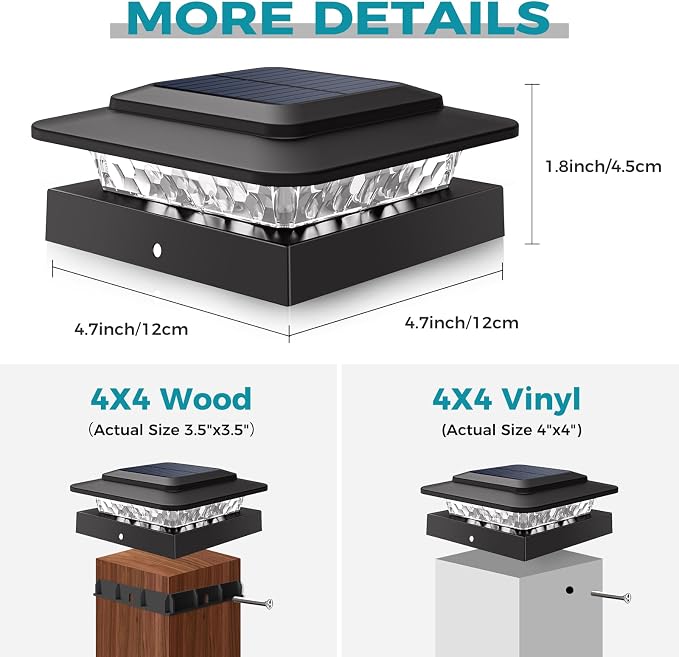 kolpop 4x4 Solar Post Cap Lights Outdoor 8Pack- 3 Color Temperatures& 2 Level Brightness, IP65 Waterproof, 16 LED Black Fence Deck Post Light Solar Powered Only for 4×4/3.5×3.5 Wood/Vinyl Posts