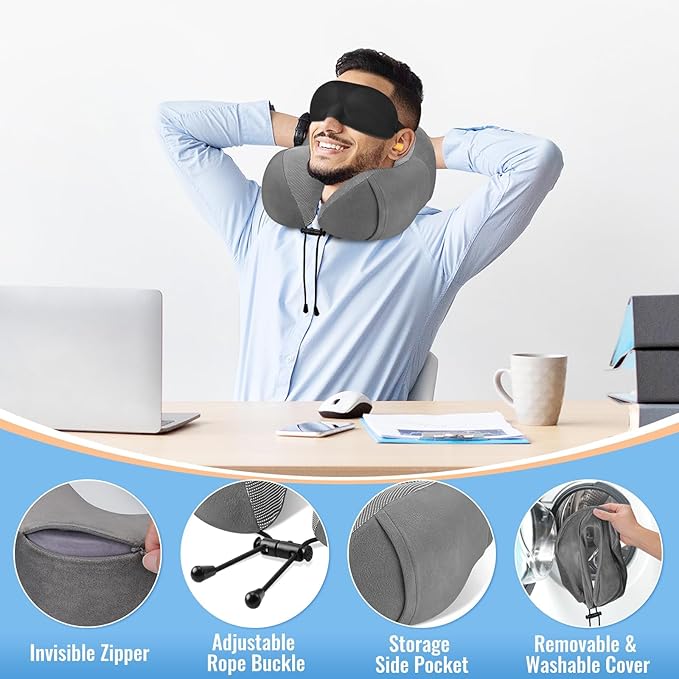 CloudBliss Travel Pillow Premium Memory Foam, Comfortable & Supportive Neck Pillow, Sleeping Neck Pillows for Travel, Airplane Pillow for Sleeping Airplane, Car, Office and Home（Dark Grey）