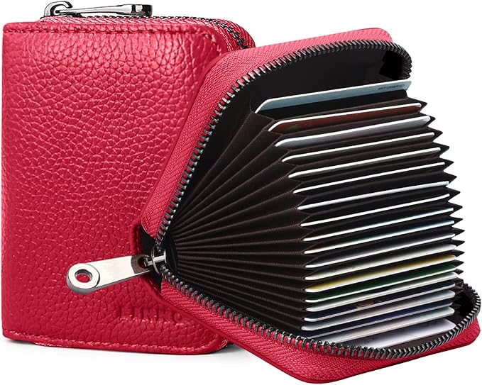Linno RFID 20 Slots Credit Card Holder Genuine Leather Small Wallet for Women or Men with Zipper