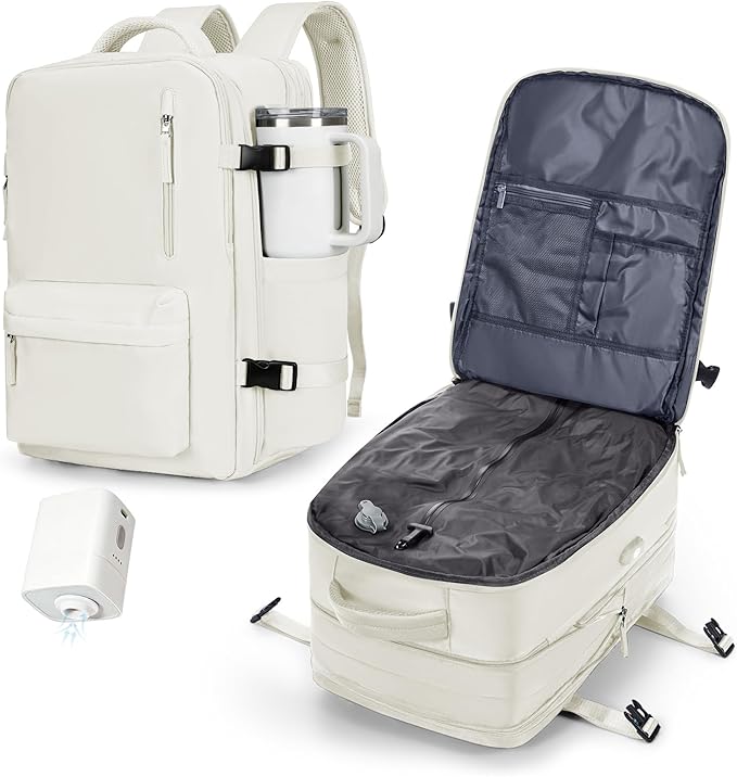 VECAVE Vacuum Backpack Travel with Pump, Expandable Personal Item Carry on Backpacks for Women Men, Laptop Waterproof Work Compression bags with USB Casual Daypack Beige