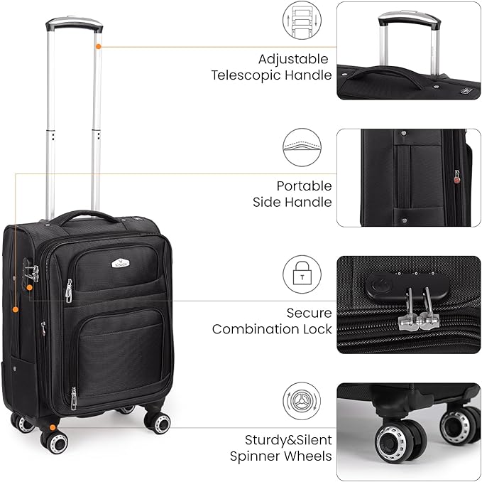 20'' Carry on Luggage,Softside Suitcase w/Combination LOCK,Expandable 15% Luggage w/Double Spinner Wheels,Lightweight Rolling Suitcases for Men/Women（Black,20in）