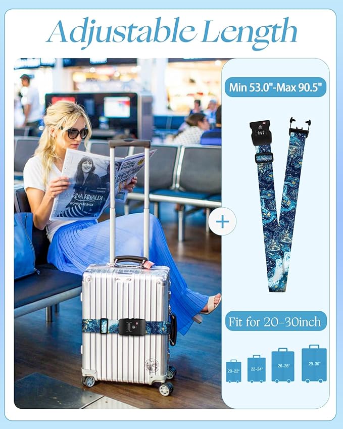 Slohif Luggage Straps TSA Lock for Suitcases - Travel Belt TSA Approved Accessories Luggage Identifiers Carry On Bag with Buckle Nylon Adjustable Band for Add a Bag Sea Wave