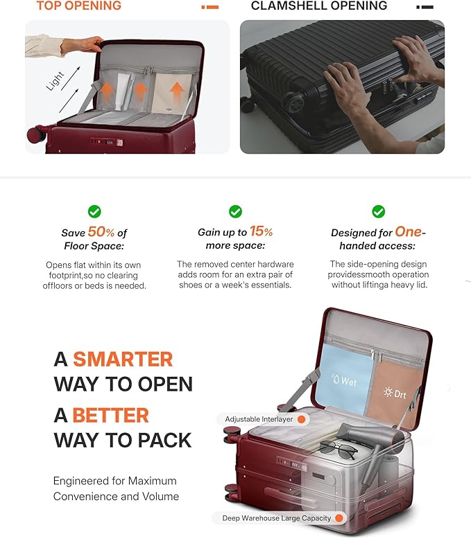 20IN Carry On Luggage,Top Opening Aluminum Frame Hardside 100% PC Airline Approved Suitcase -with TSA Lock,Cup Holder,USB Charge,Side Pothook, 360°Spinner Wheels-Wine Red