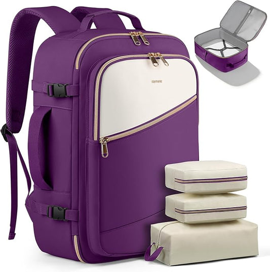 HOTOR Travel Backpack for Women – TSA-Friendly Travel Bag with Multiple Compartments & 3 Packing Cubes, Water-Resistant & Comfortable, Perfect for Travel Essentials, Dark Purple, 17.3" x 13.0" x 7.9"