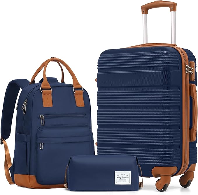 LONG VACATION 3 Piece Carry On Luggage 20 Inch Suitcase with Spinner Wheels, ABS+PC Hardshell Suitcase set with TSA Lock & YKK Zipper