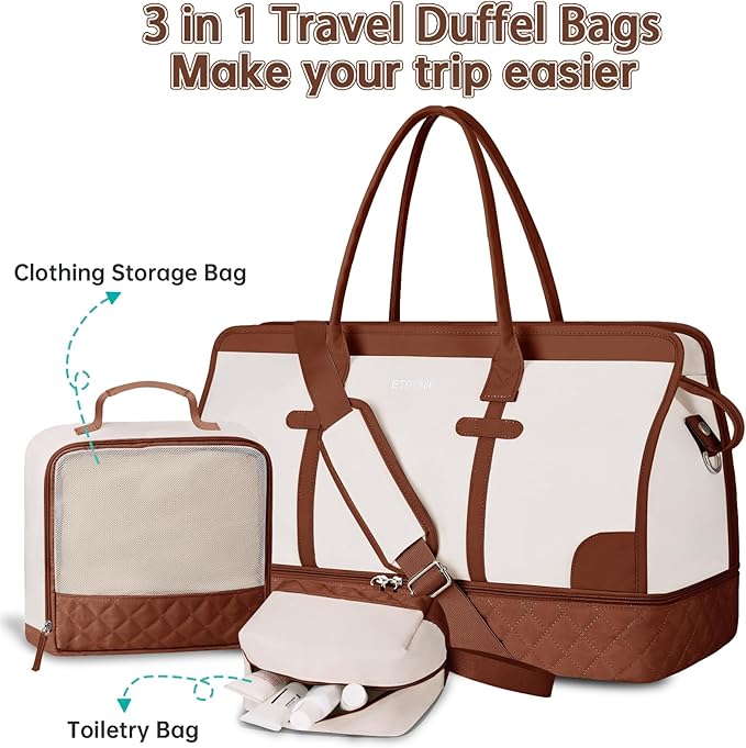 ETRONIK Weekender Overnight Bag for Women, Large Travel Duffle Bag with Shoe Compartment & Wet Pocket, Carry On Tote Bag Gym Duffel Bag with Toiletry Bag for Hospital 4 Pcs Set, XL Size, Beige-Brown