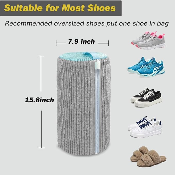 Shoe Washing Machine Bag,Laundry Shoe Bag for Washer and Dryer,Reusable Shoe Cleaning Bag for Sneakers,Tennis Shoes,With Self-locking Zipper, Microfiber Inside (Lite Grey - 2 Pack)