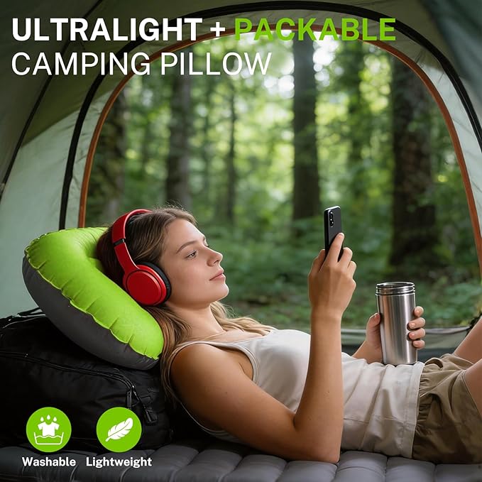 Camping Pillow-Compressible, Ultralight Inflatable,Compact, Comfortable, Ergonomic Inflating Pillows for Neck & Lumbar Support While Camp, Hiking(Green,with Anti Slip Straps)