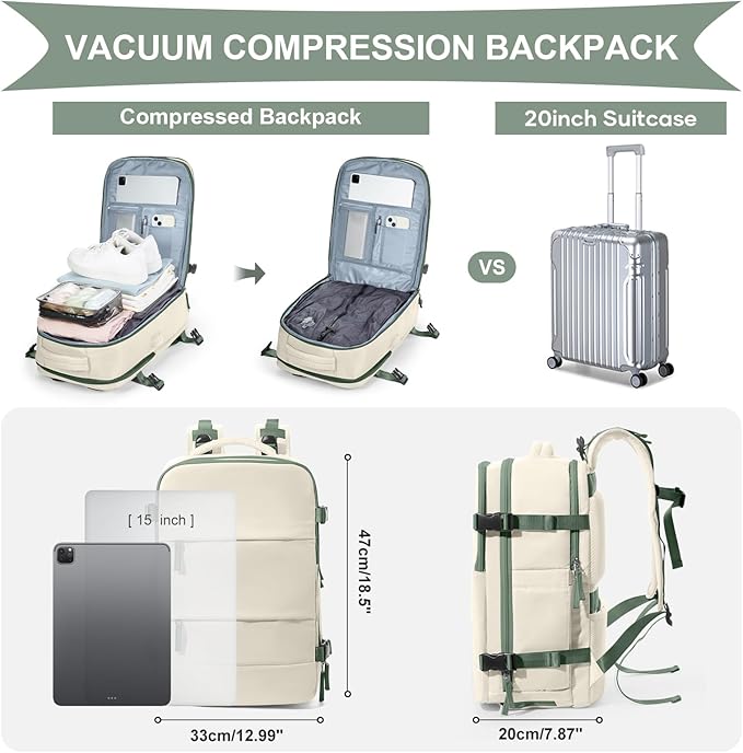 coowoz Vacuum Backpack Travel with Pump,Travel Backpack with Vacuum System For Women Men,Carry On Backpack,Hiking Backpack Waterproof Outdoor Sports Rucksack Casual Daypack,30L(Vacuum pump)White Green