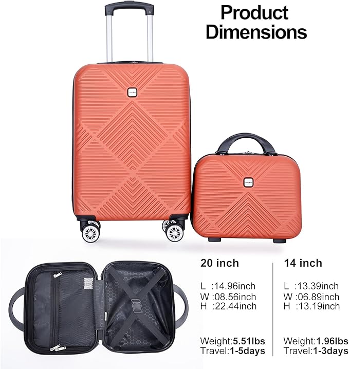 2 Piece Carry on Luggage Set, Airline Approved 20 Inch Luggage with Cosmetic Case HardShell Suitcase with Spinner Wheels, Lightweight Durable Hardside Suitcases Set, Dark Orange