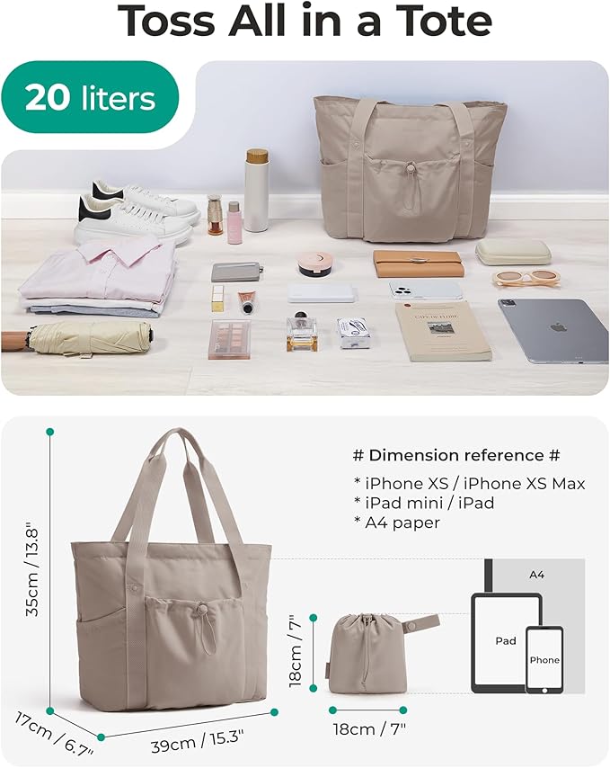 BAGSMART Foldable Tote Bag with Drawstring Bag, Large Tote Bag Shoulder Bag Top Handle Handbag for Travel, Work, Beach, Gym