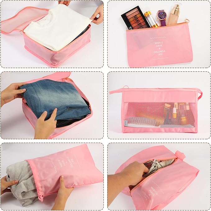 7PCS Packing Cubes for Suitcases, Travel Luggage Organizer Bags, Suitcase Organizer Bags Set for Carry on Luggage Travel Essentials, Pink
